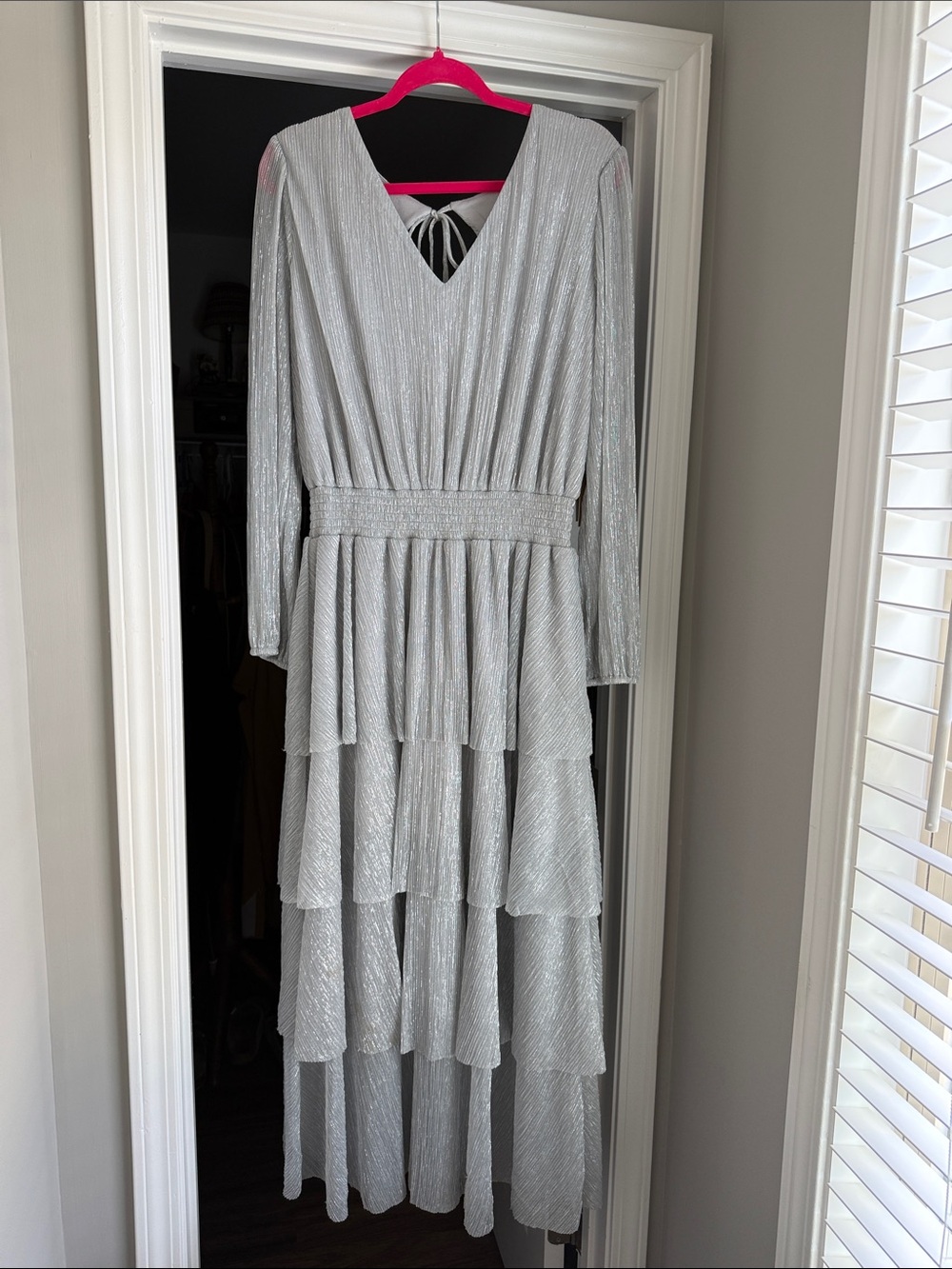 Halogen Silver Long-Sleeve Tiered V-Neck Maxi Dress